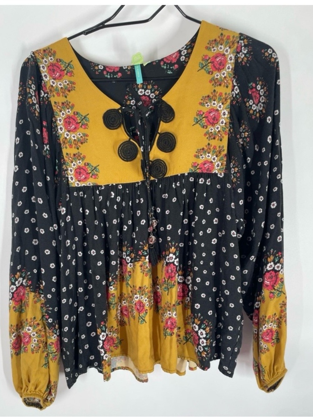 FARM Rio Mustard and Black Floral Peasant Tunic